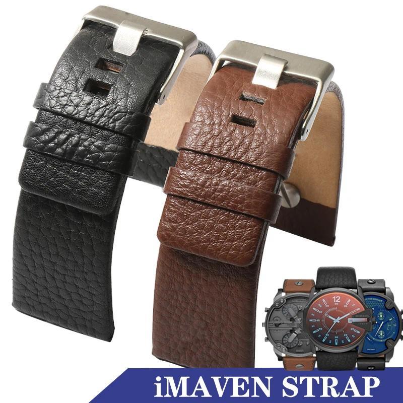 esel Watch Band Leather Replacement 26mm 27mm for DZ73 Series Watch Strap Wrist Band Black Brown Wat