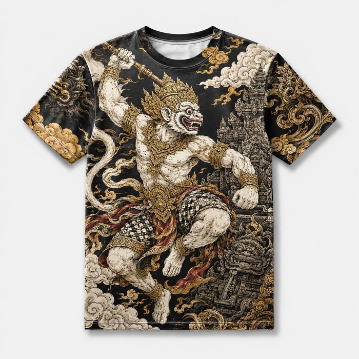 Kaos Pria Warna Hitam, Baju Kaos Cowok Lengan Pendek Motif Hanoman Kera Putih Wayang Mitos Graphic, 