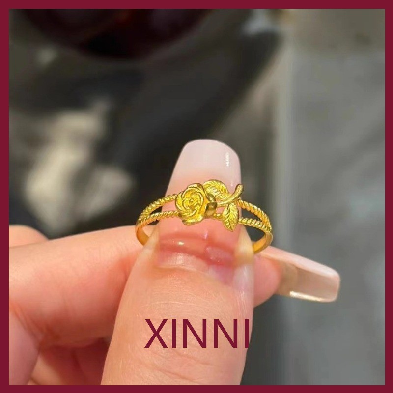 XINNI Cincin Emas Cincin Bunga Mawar Emas Pasir Cincin Terbuka Emas Super Lembut untuk Wanita Perhia