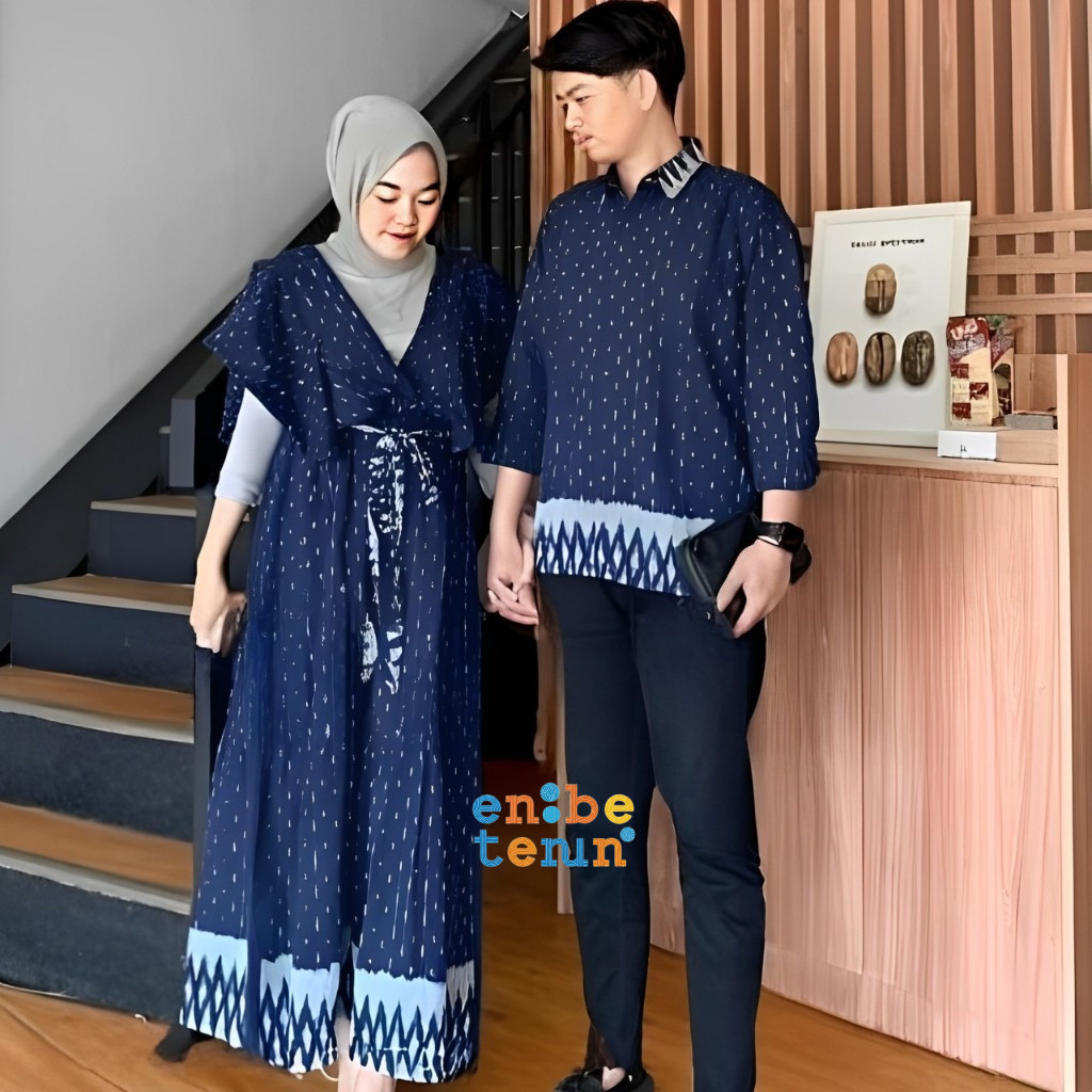 Baju Couple Tenun Terbaru Thalia Navy, Gamis Set Couple Keluarga, Dress Kondangan