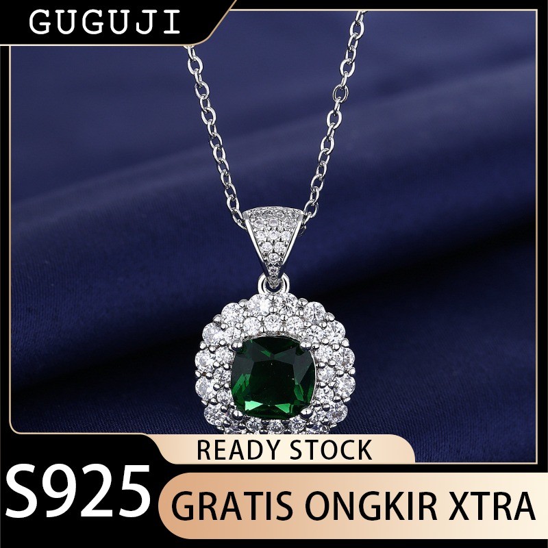 GUGUJI Kalung Liontin Batu Permata Zamrud Gaya Baru Eropa dan Amerika, Berlian Penuh Wanita Perak 92