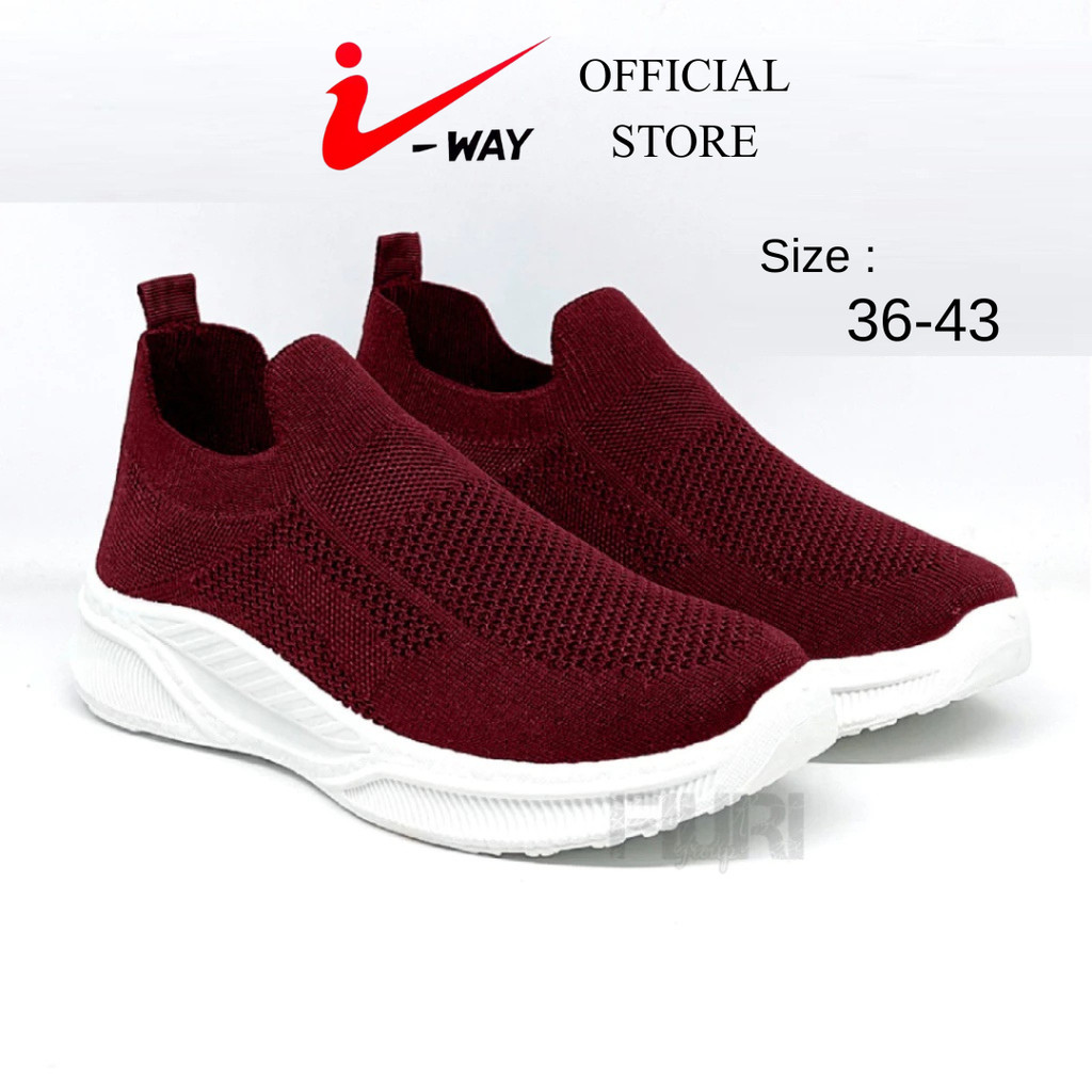 I-Way - Sneakers Slip On 36-40 - Sepatu Knit Rajut Olahraga Pria Wanita - Maroon