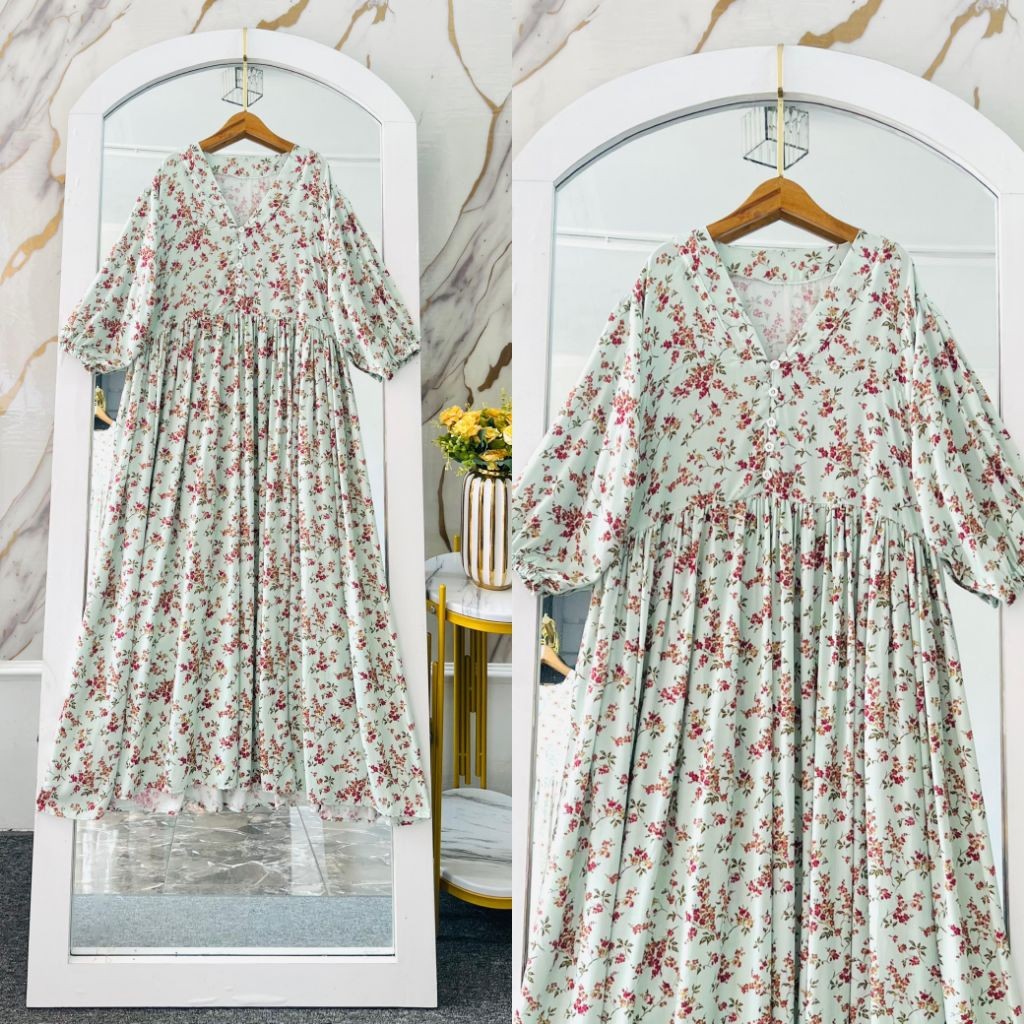 Midi Dress Yulia Kancing Kekinian Bahan Rayon Premium Aksen Kancing Depan Bisa Busui Tangan 3/4 Balo