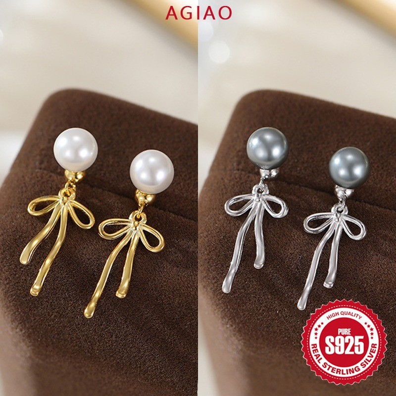 AGIAO Anting Wanita Panjang Mutiara Dengan Pita Dan Rumbai