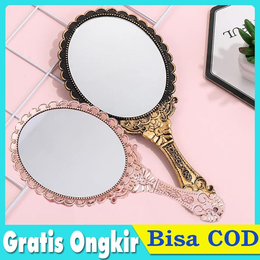 Cermin Genggam Vintage Motif Ukik - Cermin Makeup Portabel Bulat dengan Gagang Kayu Multifungsi untu