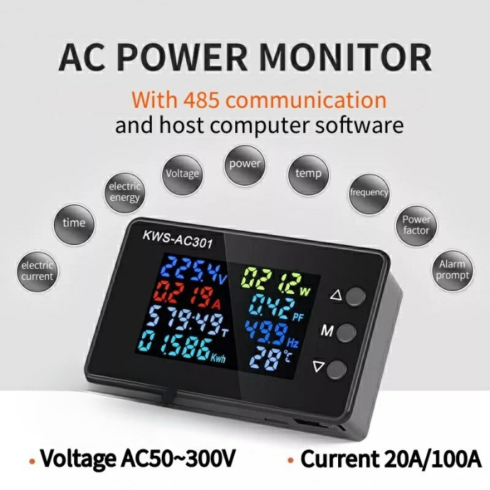 KWS AC301 8in1 Power Factor Frequency kWh Meter Wattmeter Voltmeter AC KWS AC301L 20A 100A