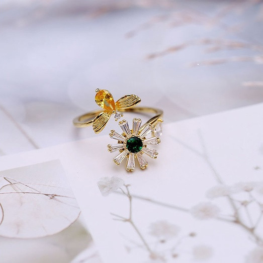 Cincin Terbuka Bisa Disesuaikan Berlapis Emas dengan Motif Lebah dan Bunga Daisy, Batu Zirconia Kubi