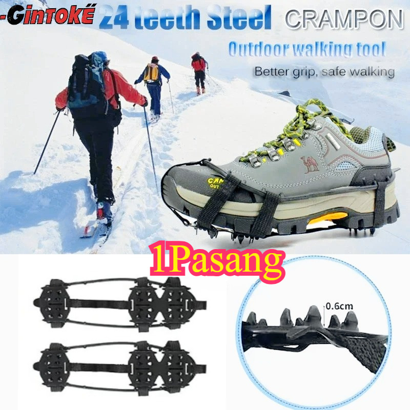 1Pasang Alas Sepatu Mendaki Alas Sepatu Paku Anti Slip 24 Gigi Alas Sepatu Salju Untuk Berjalan Di S