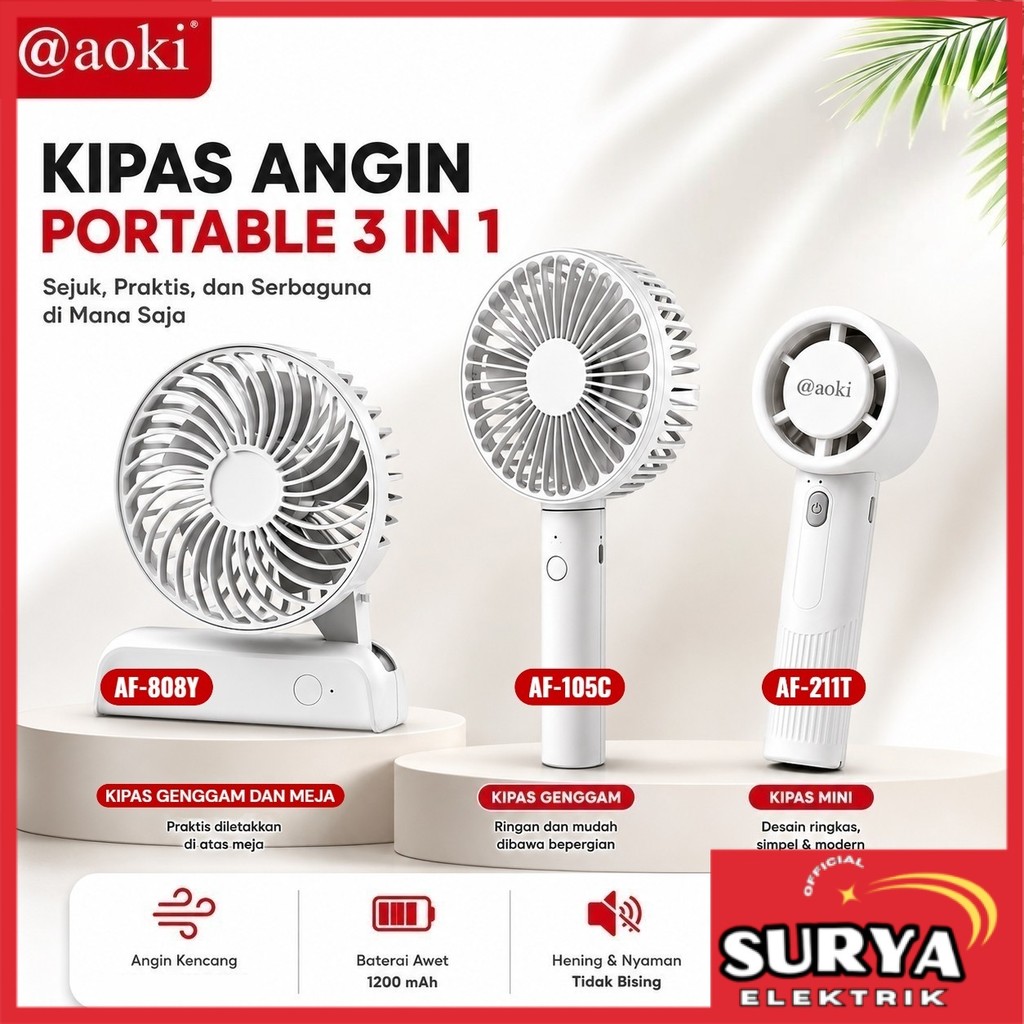 Kipas Angin Genggam Mini Lipat AOKI AF-105C / AF-808Y / AF-211T Foldable Handy Fan Rechargeable Lith