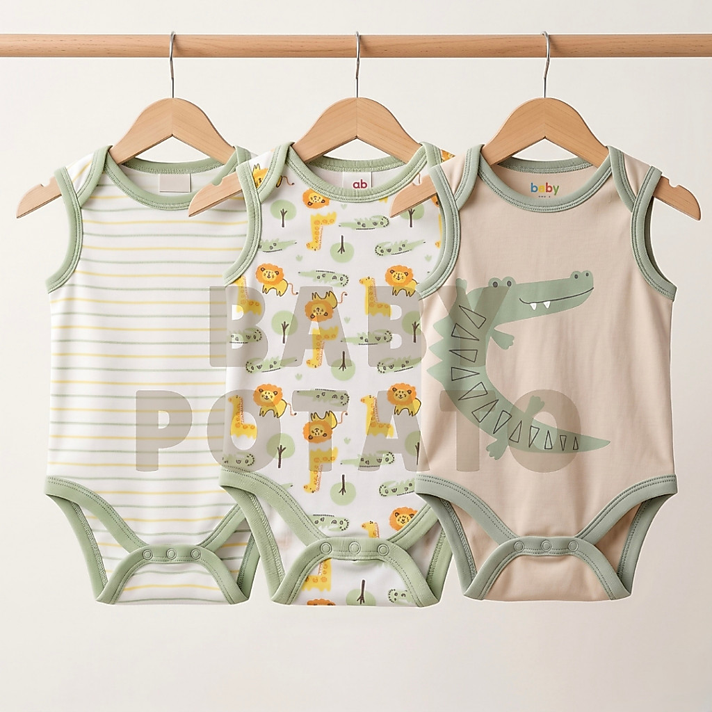 BABYPOTATO - Jumper Bayi Kutung 3pcs Unisex Bodysuit Sleeveless Katun Lembut 0-9bulan (3VS CROCO)