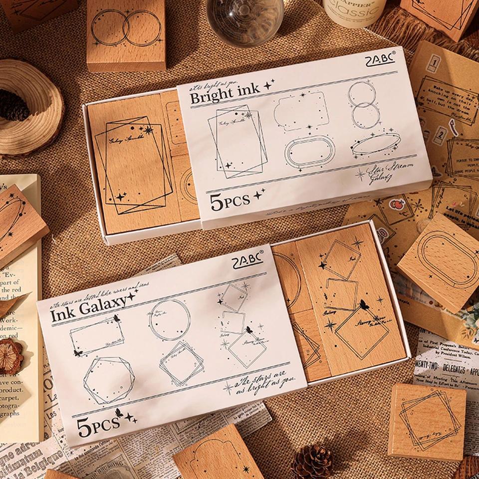 5 Stempel Kayu Geometris, Stempel Kayu Berbingkai Vintage untuk Perencana Siswa, Dekorasi Brosur DIY