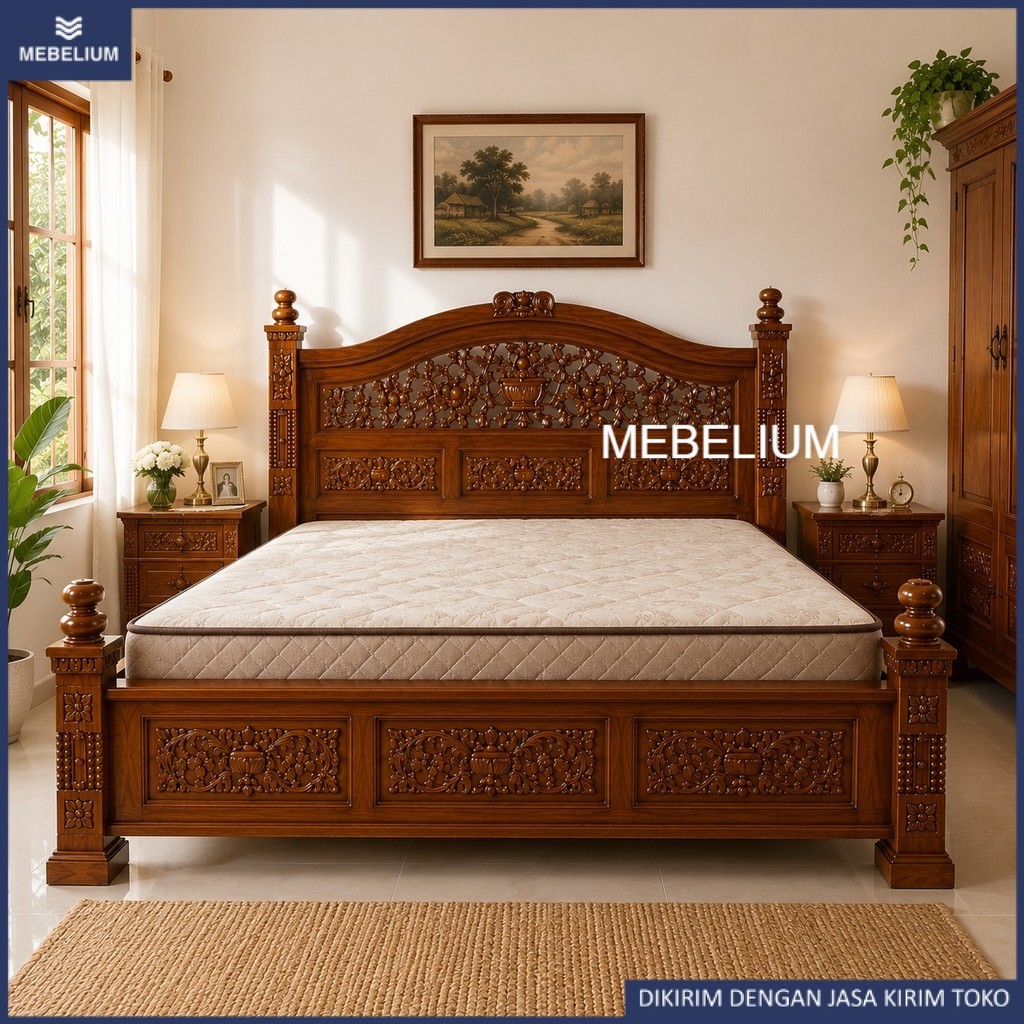 Set Tempat Tidur Kayu Jati Ukir Rahwana | Dipan Kasur Jati | Ranjang Springbed Kayu Jati Muda
