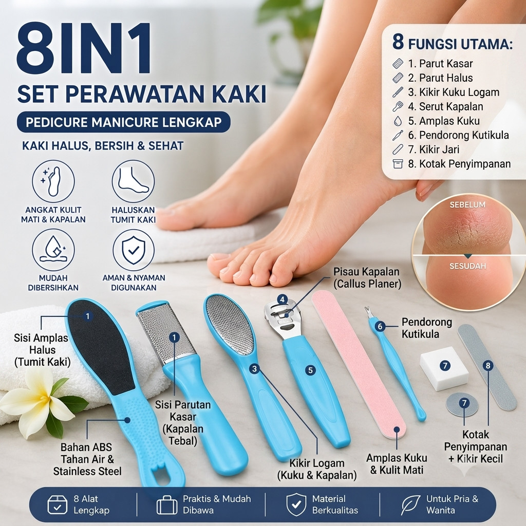 Set alat perawatan kaki menicure pedicure parut amplas Kapalan Nail kulit kaki 8in1 8 in 1 Tumit Kaki