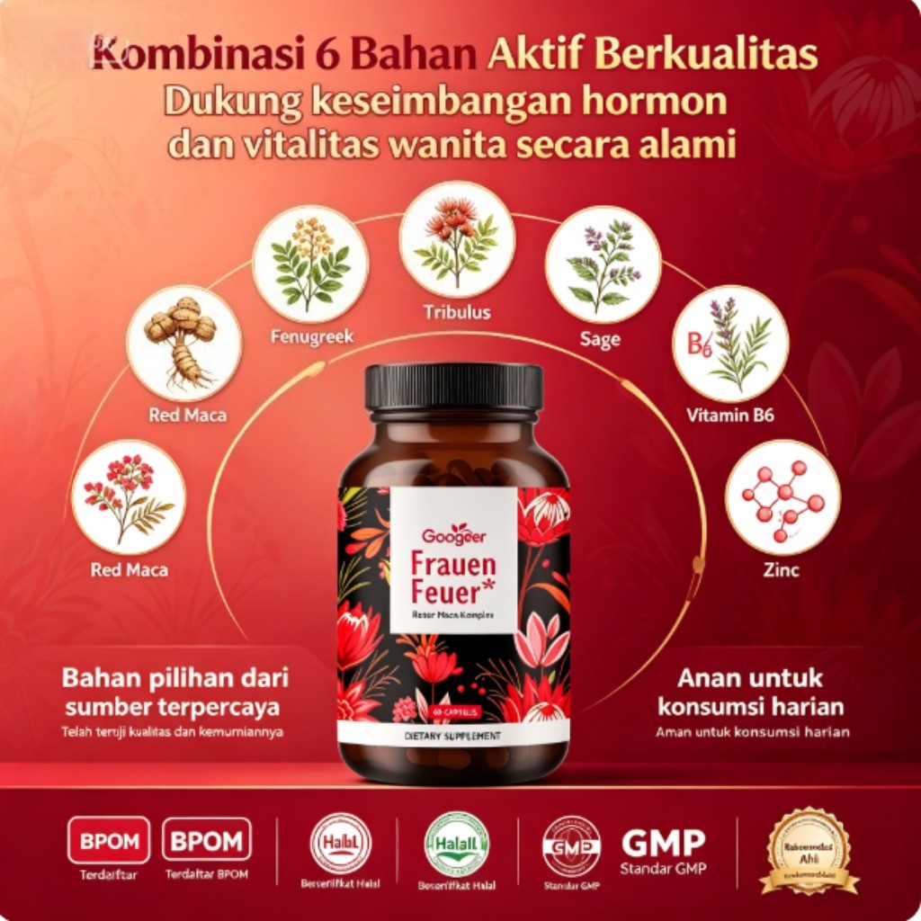 Goog Frauen Feuer Roter Maca-Komplex 60 Kapsul, Ekstrak Maca Merah, Tribulus, Fenugreek dan Sage, Me