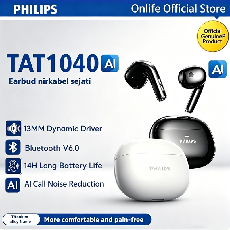 Philips TAT1040 Earphone Bluetooth TWS Earphone Nirkabel Headset Bluetooth 6.0 Earphones BT Handset 