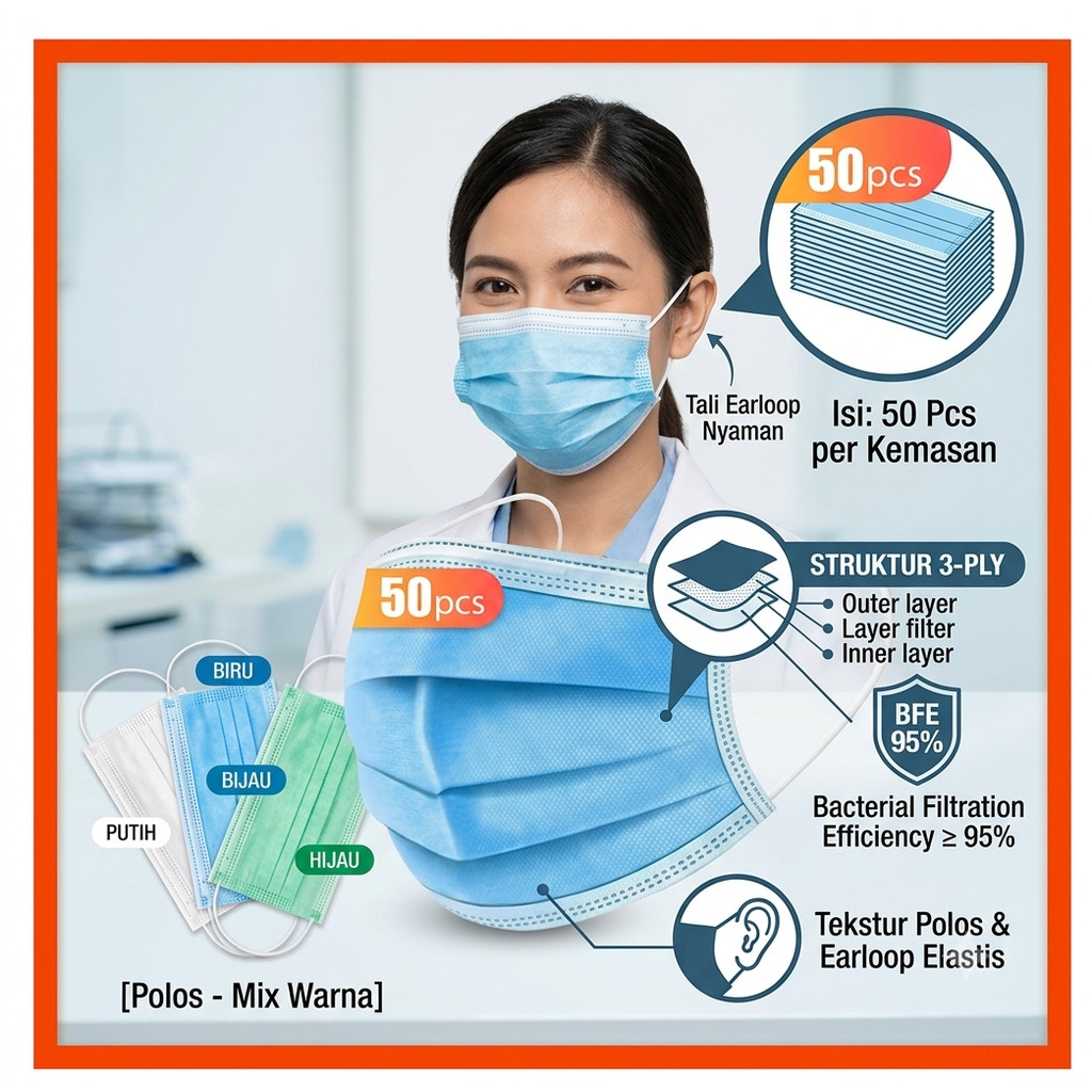 GROSIR Masker 3 Ply 3Ply isi 50 pcs disposable Facemask mask Masker Earloop Biru Hijau Putih Disposa
