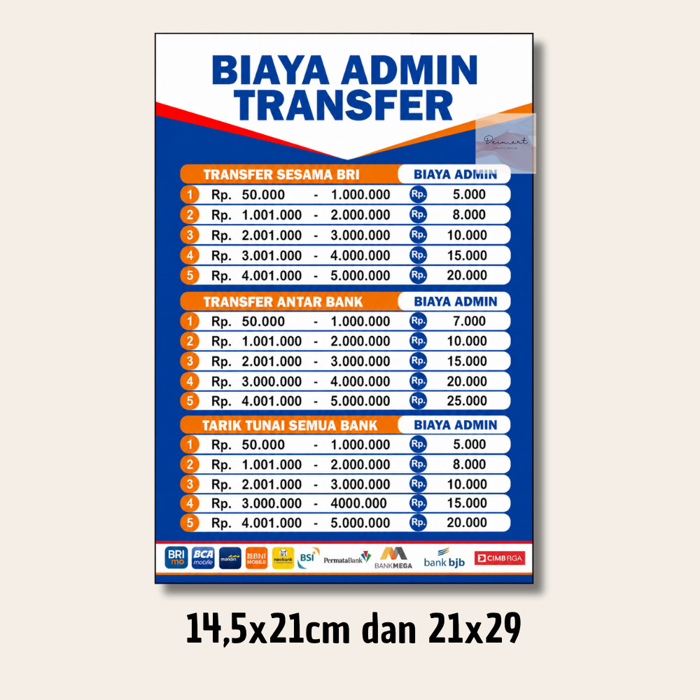 Sticker Biaya Admin Tarif tarik tunai transfer admin brilink Stiker laminasi glossy