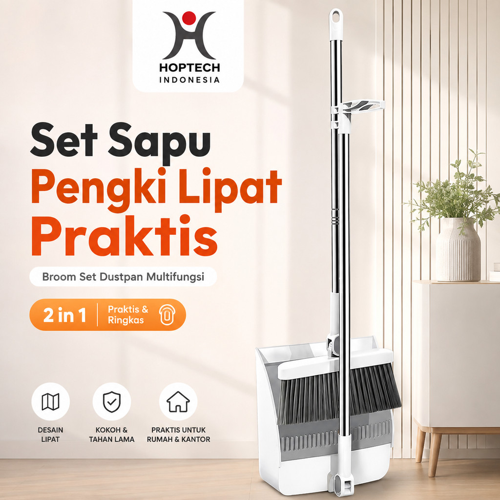 Hoptech - Set Sapu Pengki Lipat Praktis | Broom Set Dustpan Multifungsi Alat Pembersih Lantai