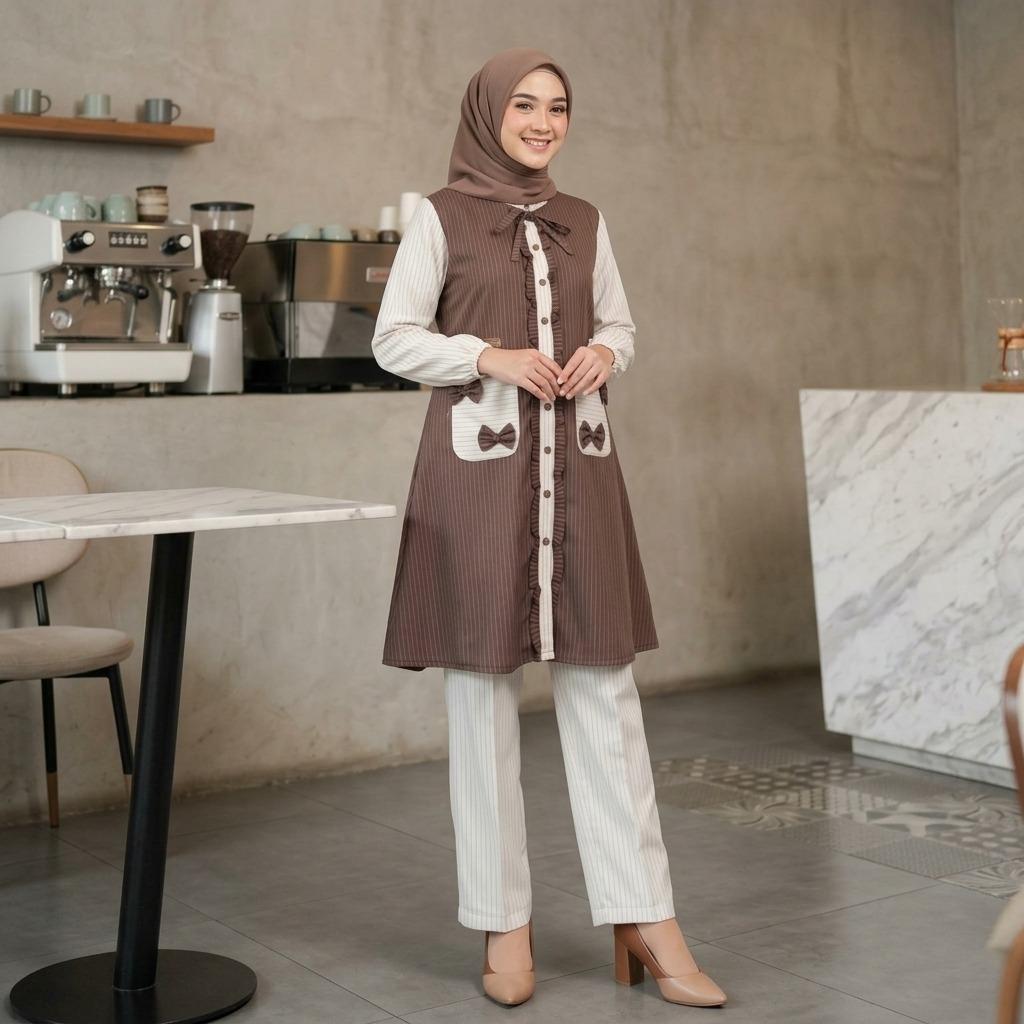 Setelan One Set Celana Nayna Bahan Bugatti Salur (Free Pouch, Goodie Bag)