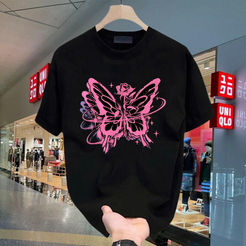 Kaos Pendek Motif Kupu-Kupu Dan Mawar Pink Bergaya Grunge Dengan Detail Bintang, Oversize Tshirt Uni