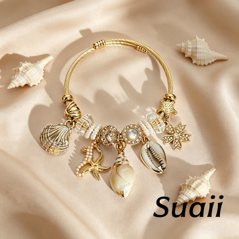 [Suaii] Gelang tangan stainless steel manik manik warna sampanye hias kristal salju kerang siput bin