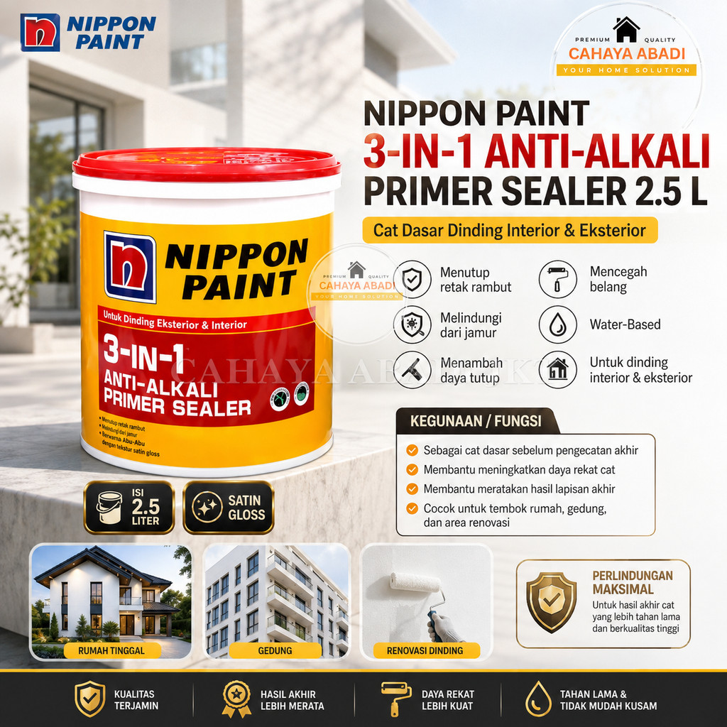 3in1 ANTI ALKALI PRIMER SEALER NIPPON PAINT 2.5 Liter Cat Dasar Abu-Abu untuk Dinding Eksterior & In