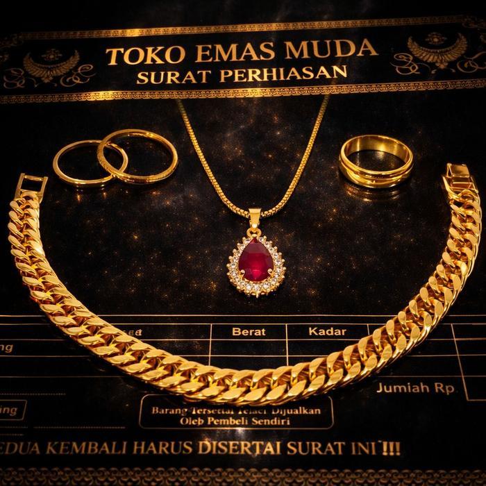 Set Perhiasan Wanita Premium Kalung Itali Liontin Permata Merah Berlapis Emas Muda Perhiasan Fashion