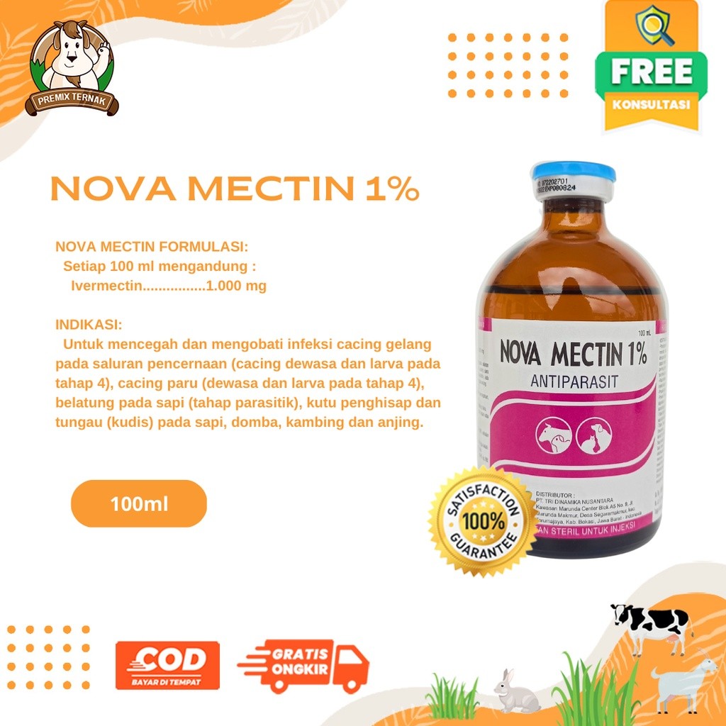 NOVA MECTIN 1% 100ml - Obat Anti Parasit Hewan Gatal Scabies Gudig Kutu Cacing Hewan Sapi Kambing Do