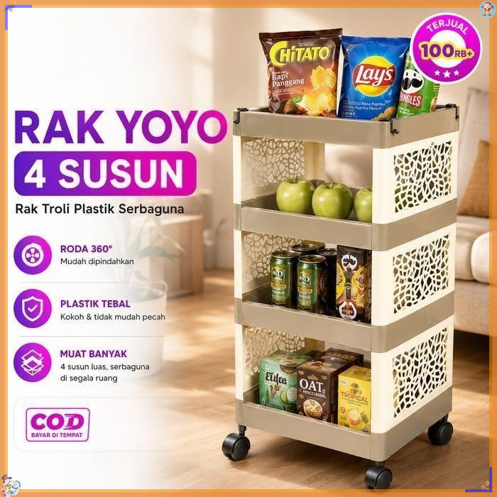 POL LIVING Rak Yoyo 4 Susun ada Roda | Rak 4 Tingkat Serbaguna Rak Dapur Plastik | Rak Penyimpanan