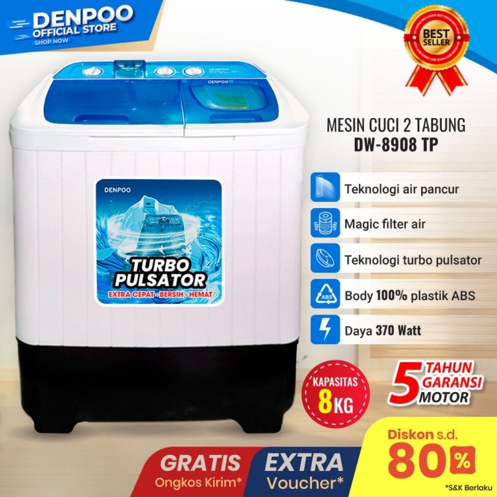 Denpoo Mesin Cuci 2 tabung 8 Kg DW 8908/8907 1 Pulsator