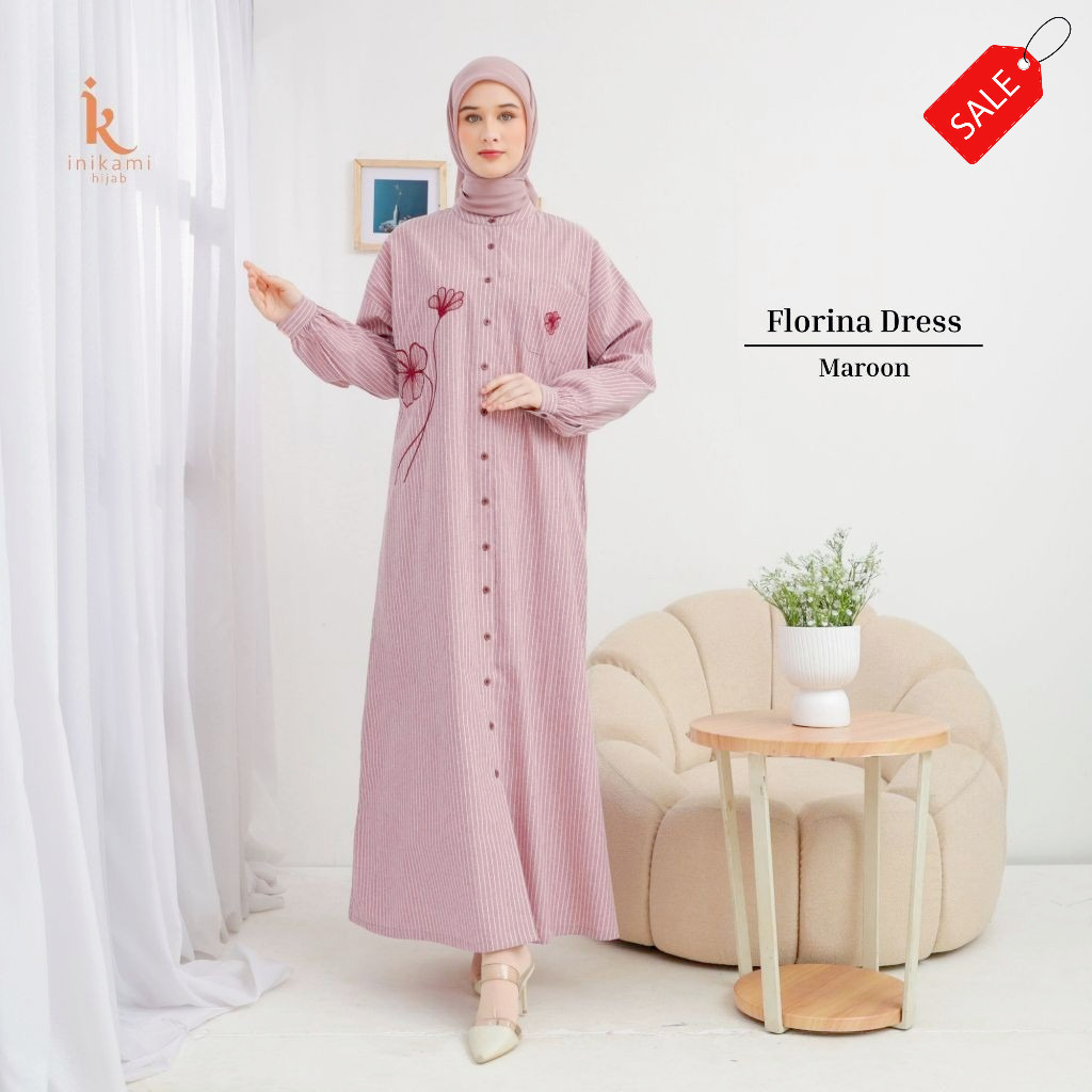 Dress Panjang Wanita - Florina Baju Gamis Muslimah Salur By Inikami Hijab Ootd Kekinian Simple Mewah