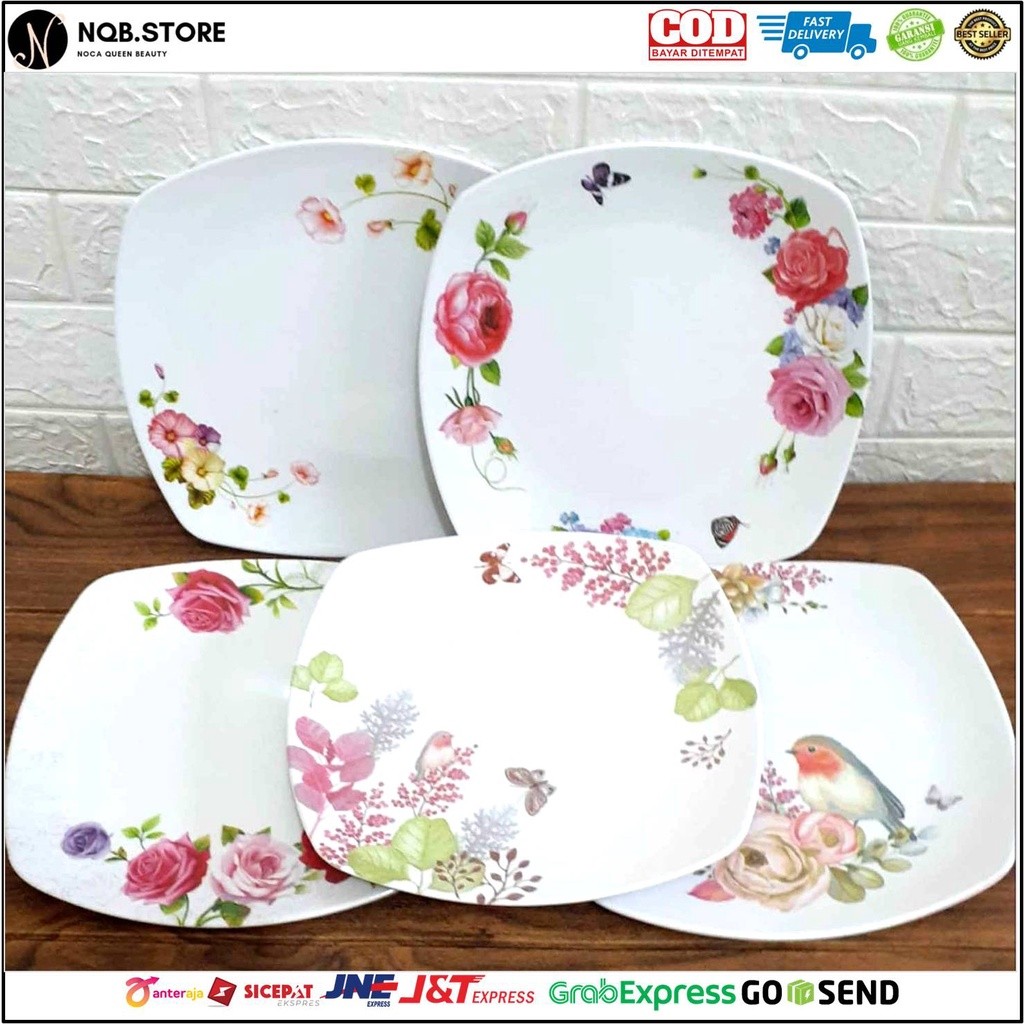 Piring Makan Melamin Teplek Singa Singi Tepres Putih Motif Bunga Melamine