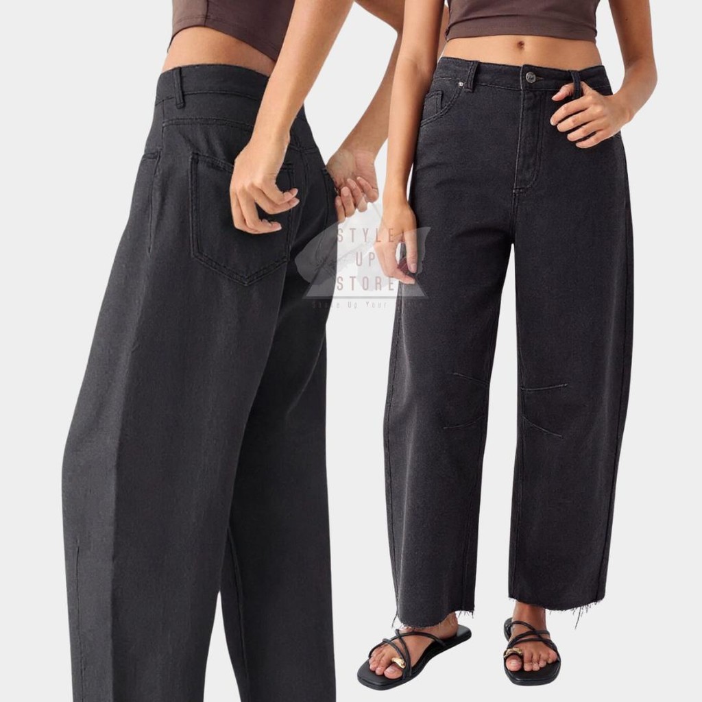 [ STYLEUPSTORE ] BERSHKA Barrel Low Waist Denim Jeans - Celana Panjang Denim Jeans Wanita High Casua