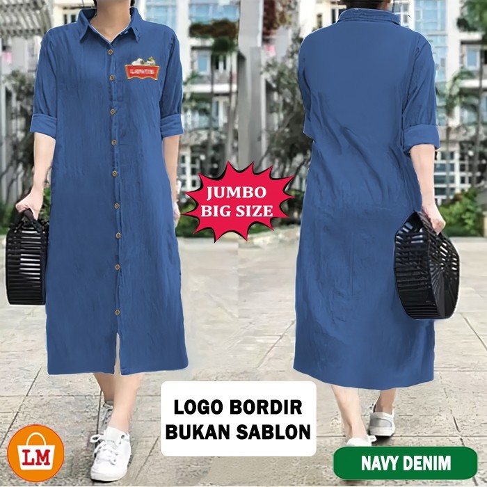 MAX 16353 Baju Tunik Wanita LONG TUNIC JEANS DENIM Motif Logo Bordir Lengan Panjang BIG SIZE JUMBO S