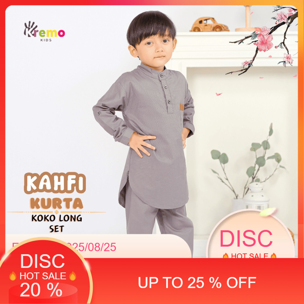 Kremo Kids - Baju Koko Kurta Panjang Anak Laki Laki Kahfi Series 1 - 12 Tahun (Grey)