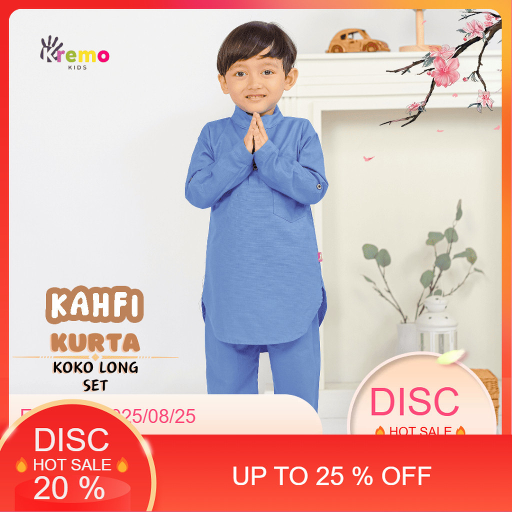 Kremo Kids - Baju Koko Kurta Panjang Anak Laki Laki Kahfi Series 1 - 12 Tahun (Blue)
