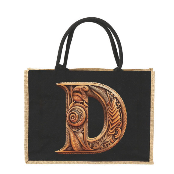Tote bag Jute HandBag Tote bag Jute Splicing Linen Bag Shopping bag Wood Art Letter Printing Jute Ba