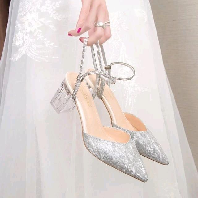 cinderella Series BH 02 Sandal Wanita Mules Heels Permata Hak Kaca 5 Cm Sepatu Pesta Kondangan Wanit