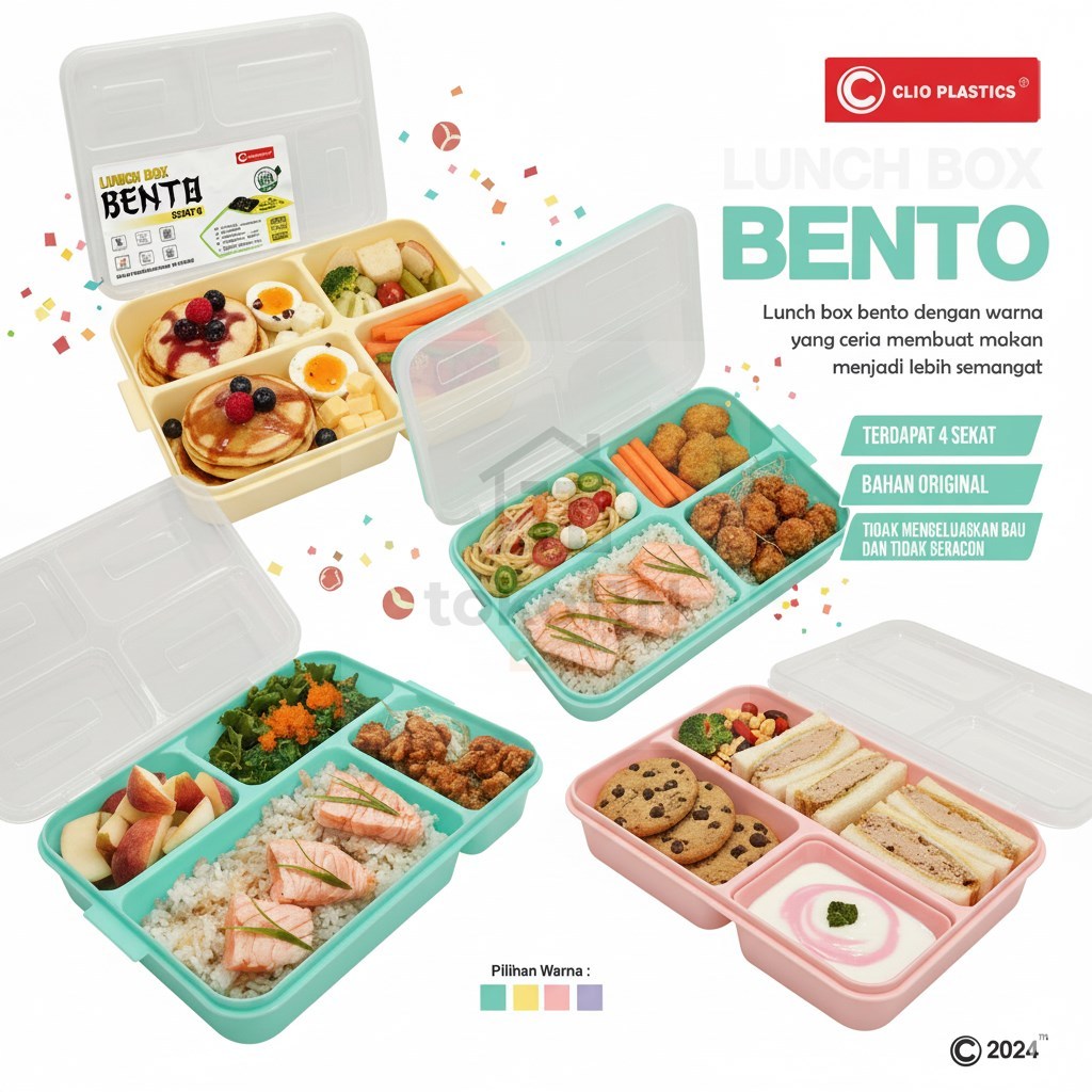 Lunch Box Bento Sekat 4 Clio Rantang Catering Tempat Kotak Makan Anak Segi