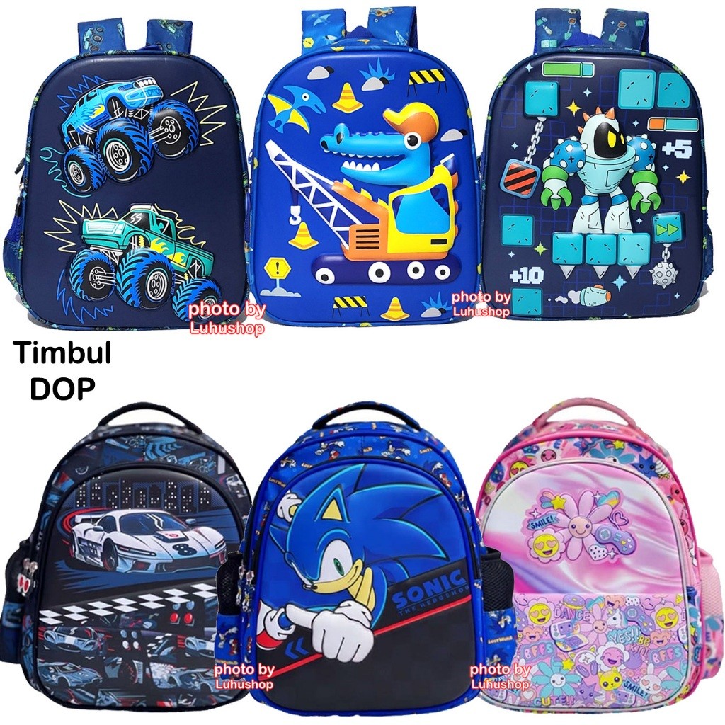 CLEARSHOP Tas Anak SD/TK Sekolah Tas Anak Laki Laki Ransel Timbul Superhero Mobil Contractor Robot S