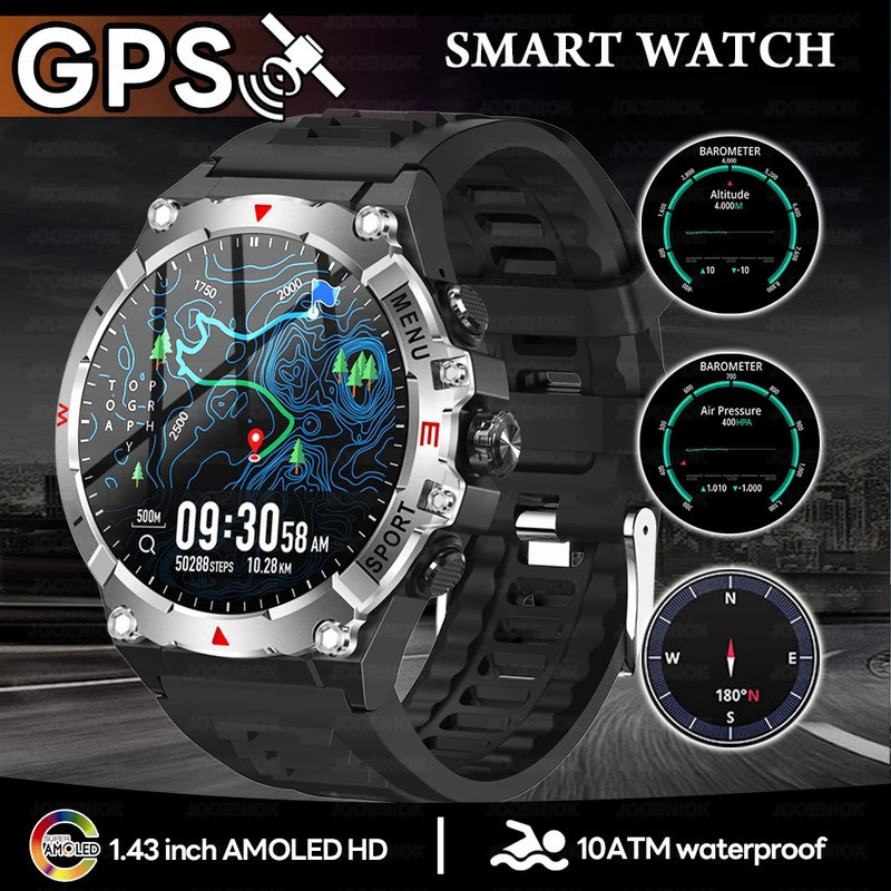 Tali jam Jam Tangan Pintar GPS Militer Pria Arloji Cerdas Layar AMOLED HD Kompas Ketinggian Denyut J