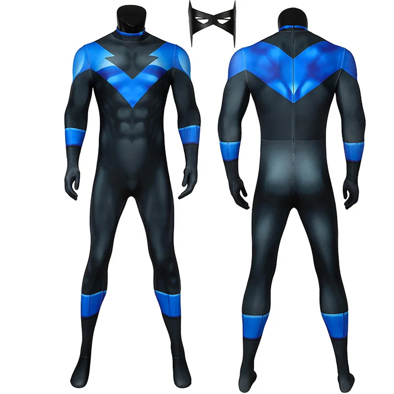 Nightwing Cosplay Costume Men ck Grayson Zentai Mask 3D Print Nightwing Jumpsuit Mask Set Halloween 