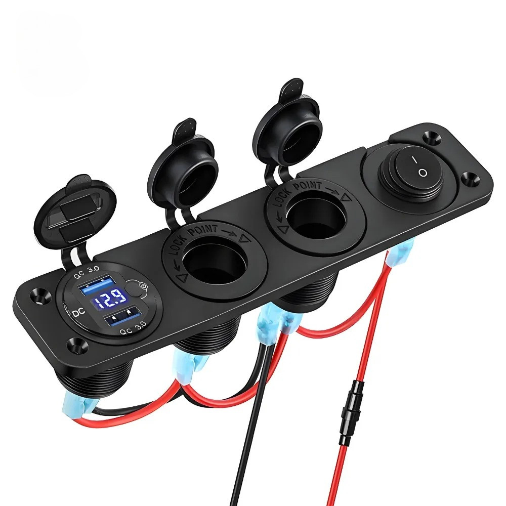 12V USB Cigarette Lighter Socket Panel Power Outlet Dual QC3.0 18W Port with Voltmeter & Rocker Togg