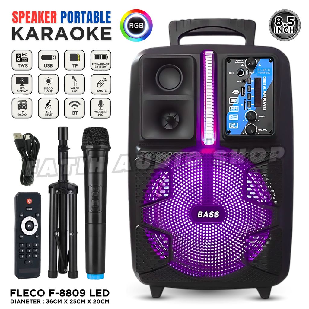 UKURAN BESAR SPEAKER BLUETOOTH FREE MIC WIRELESS KARAOKE + STAND SPEAKER + REMOTE - 8.5 INCH SPEAKER