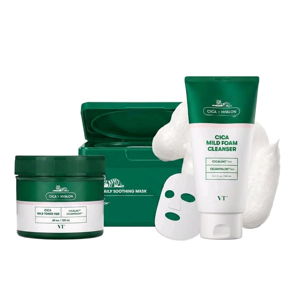 VT Cica Mild Foam Cleanser 300ml | VT Cica Mild Toner Pads 60 Pads | VT Cica Daily Soothing Mask 30 
