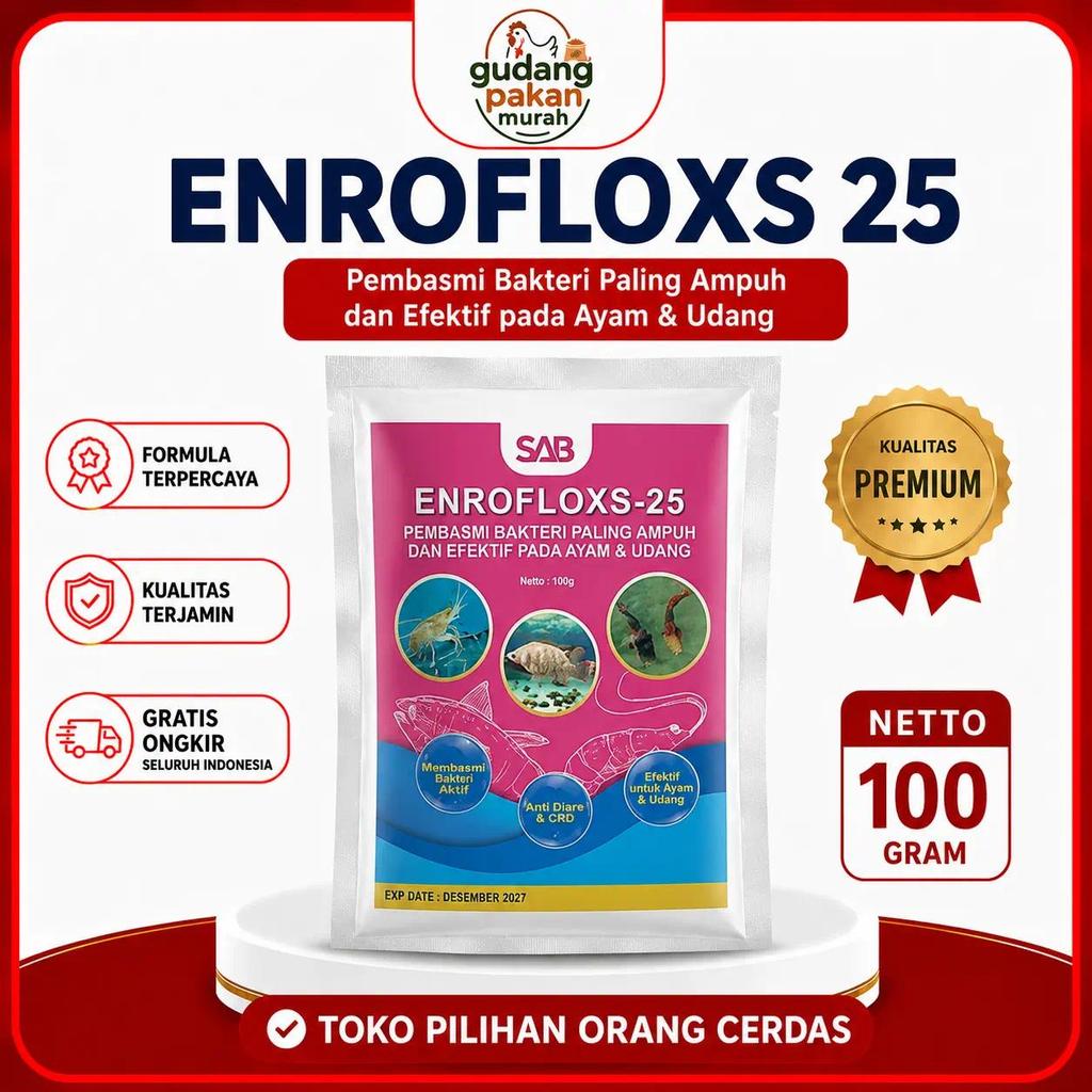 ENROFLOXS 25 100gr Enrofloxacin HCl Antibiotik Ikan Udang Obat Budidaya Lele Nila Gurame Tambak Orig