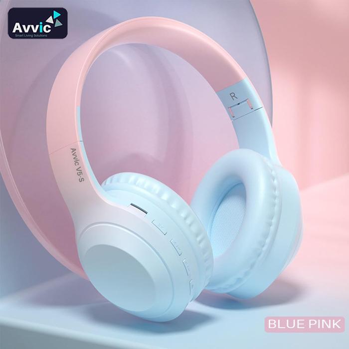 Avvic V5-S Wireless Headphone Bluetooth Gradient Color Headset Stereo HIFI Bass Pink Biru Earphones 