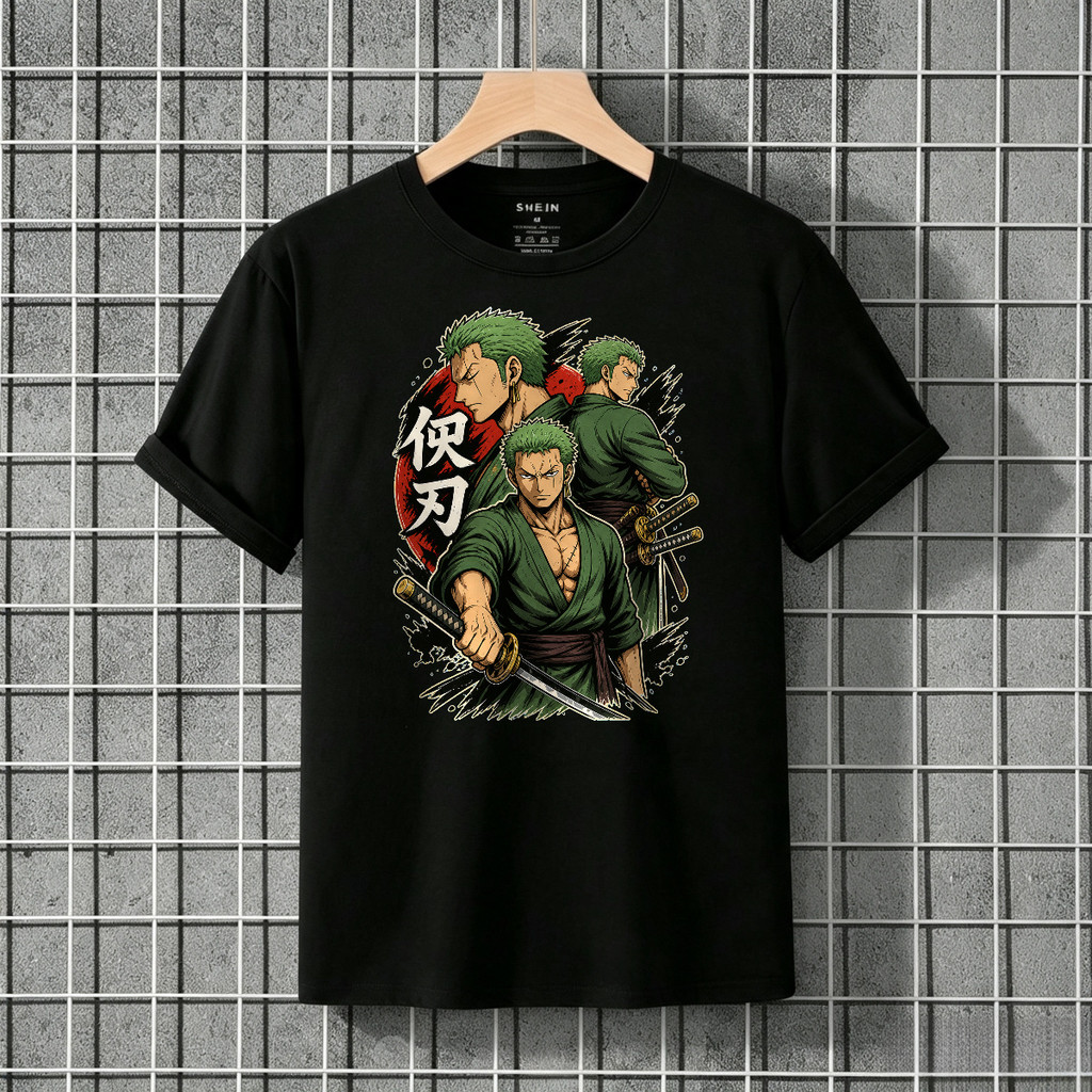 Kaos Pria American Style Untuk Penggemar Desain Samurai Dengan Tiga Sosok Pendekar Rambut Hijau Peda