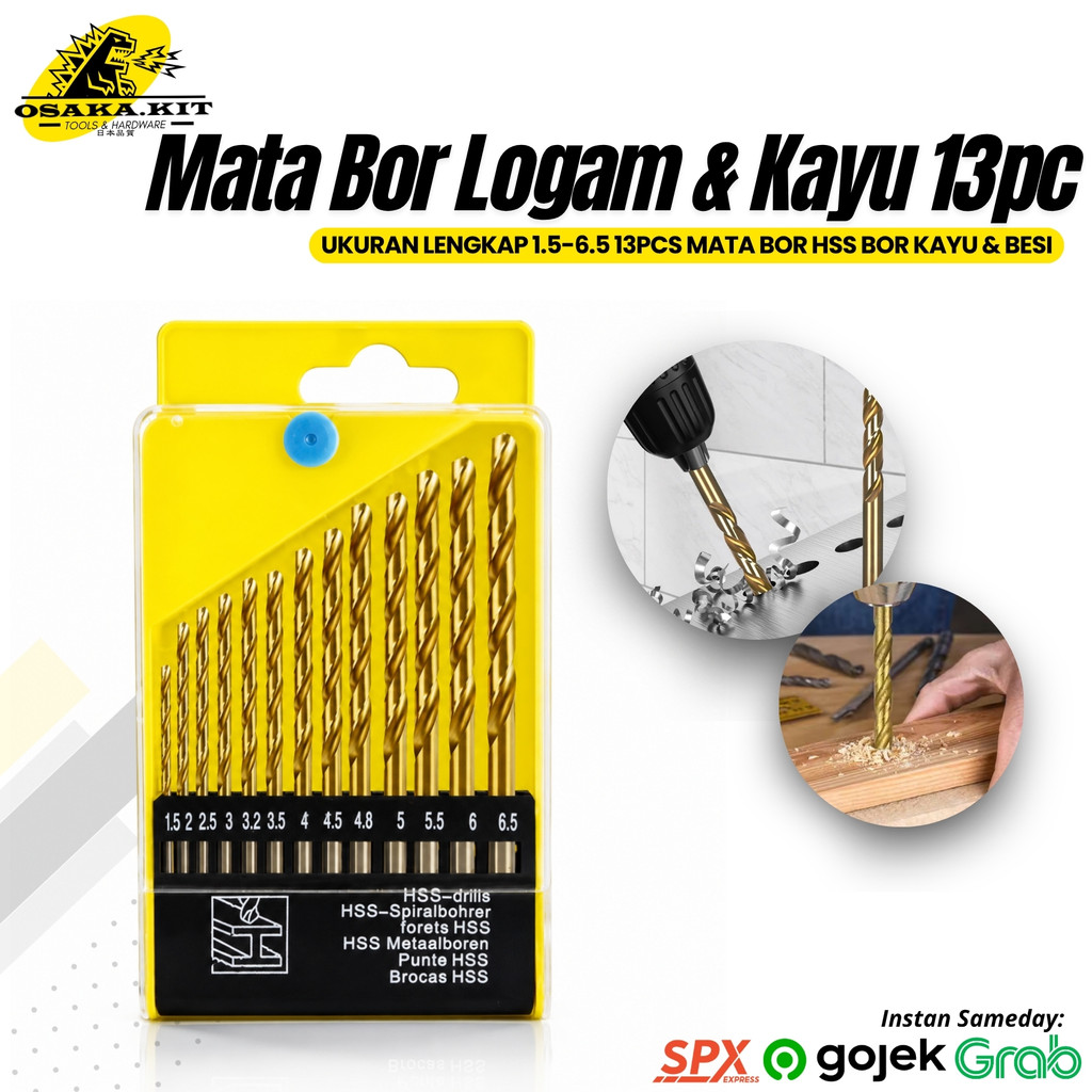 Set Mata Bor Titanium 13Pcs Mata Bor Kayu Besi Set Komplit / Titanium Twist Drill Set Mata Bor Lengk