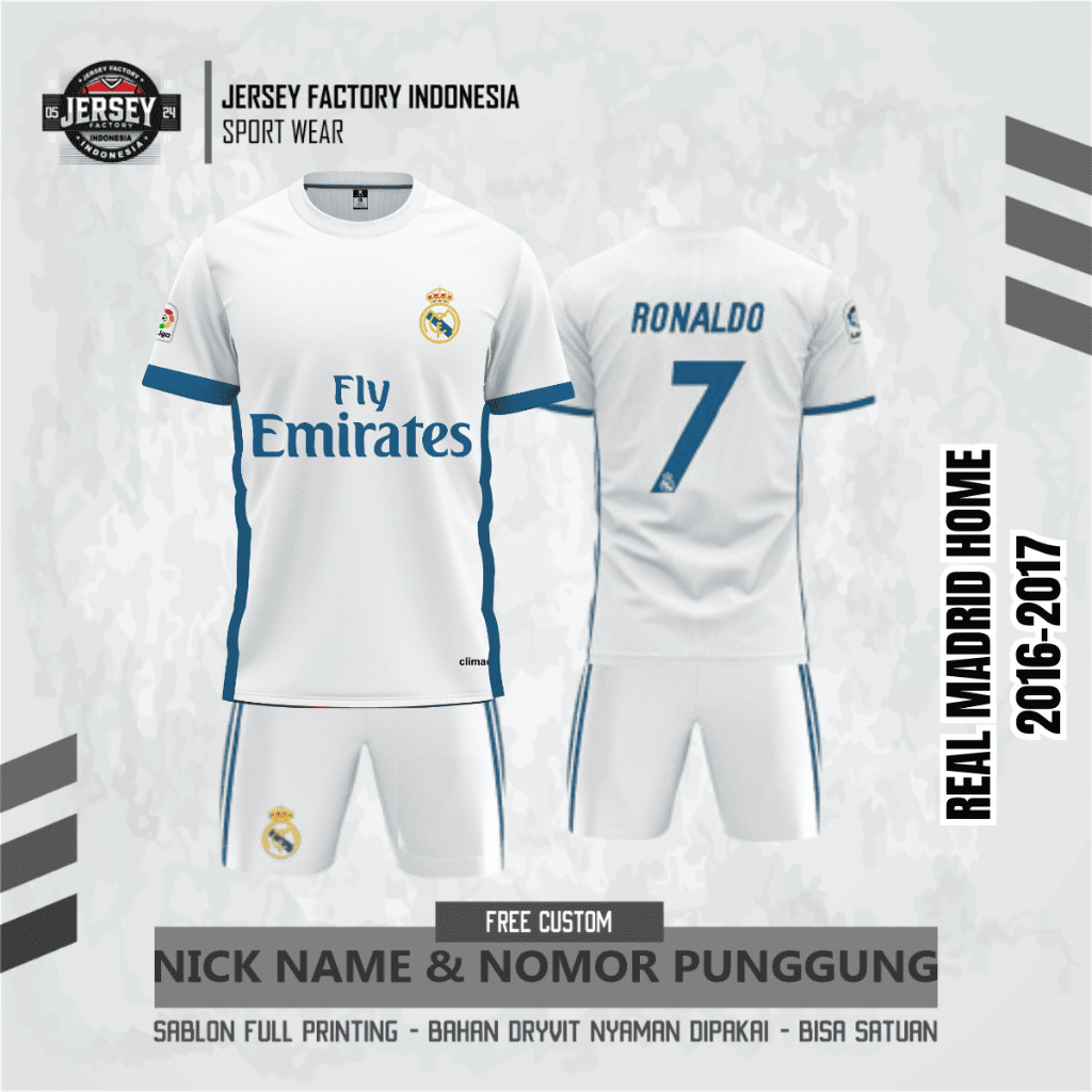 JERSEY REAL MADRID HOME 2016-2017 PENDEK UNTUK DEWASA DAN ANAK ANAK FREE CUSTOM NAMA DAN NOMOR